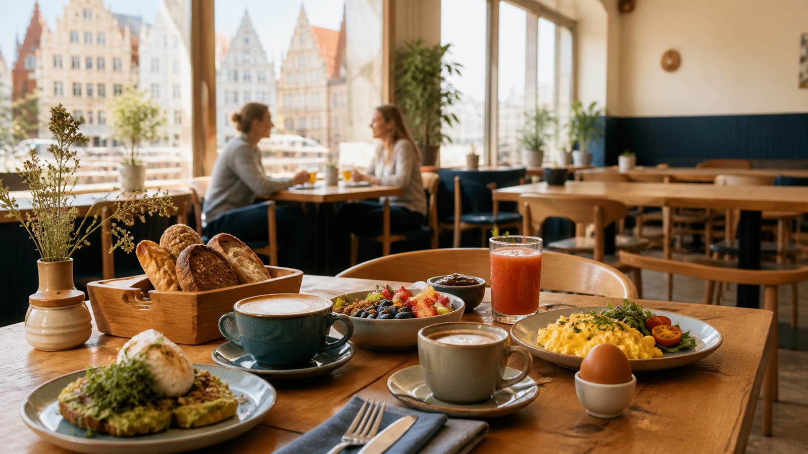 KI-generiertes Stimmungsbild eines urbanen Rostocker Cafés mit reichhaltigem Frühstück