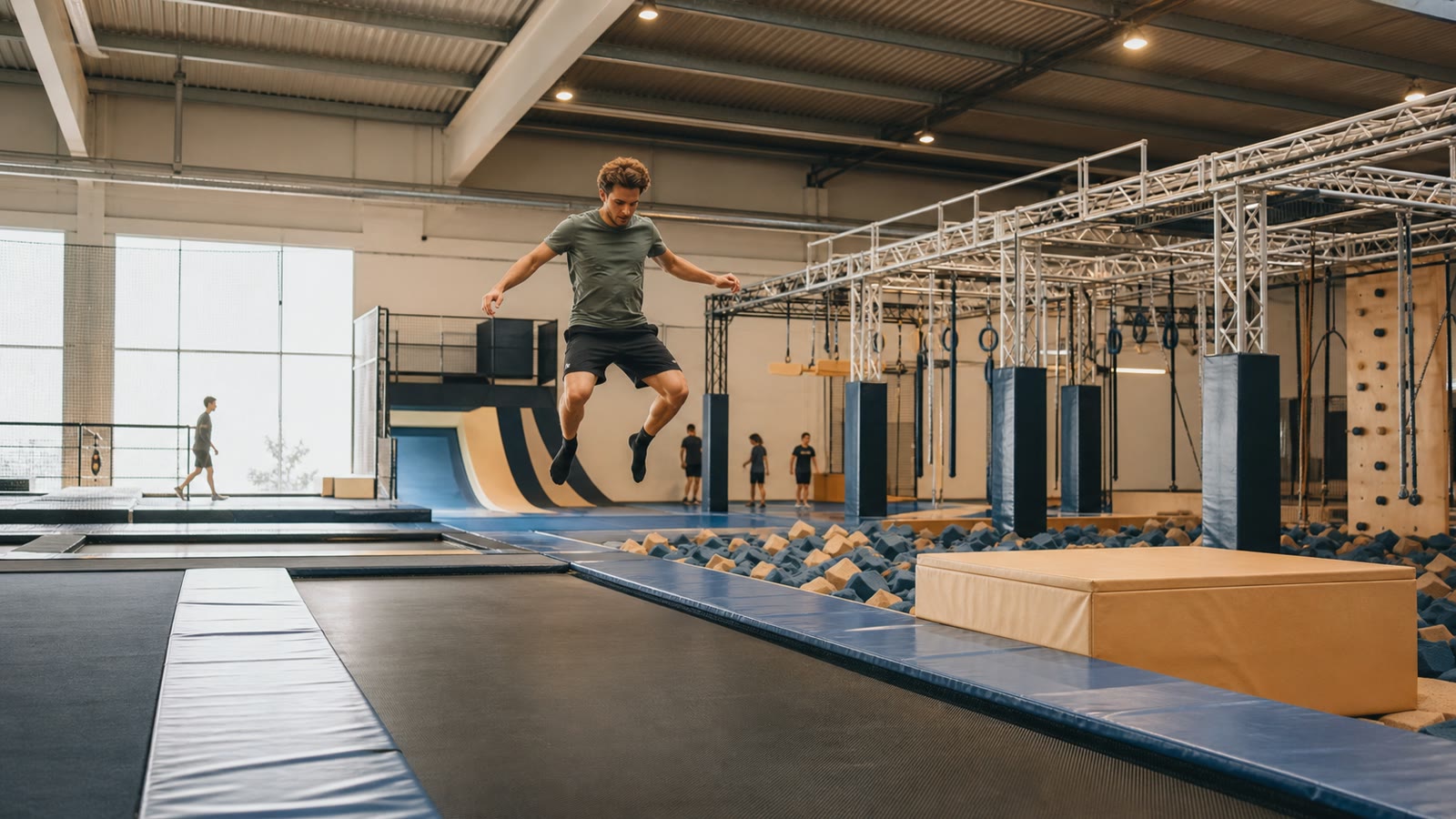 KI-generiertes Stimmungsbild einer Trampolin- und Ninja-Arena mit vollständig sichtbarem Springer
