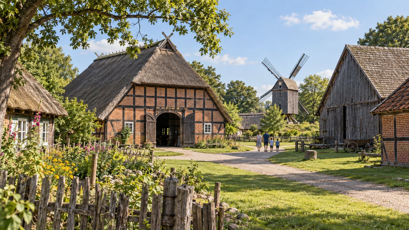 KI-generiertes Stimmungsbild eines mecklenburgischen Freilichtmuseums mit historischen Hallenhäusern und Bockwindmühle