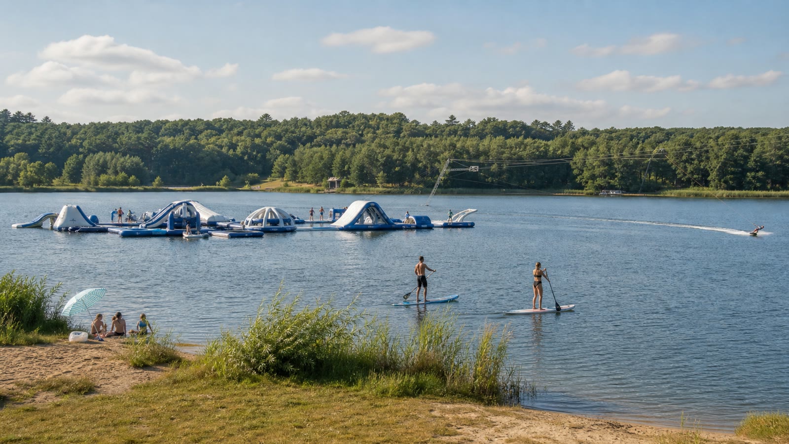 KI-generiertes Stimmungsbild vom Bernsteinsee mit Aquapark, Wakeboard und Stand-up-Paddling