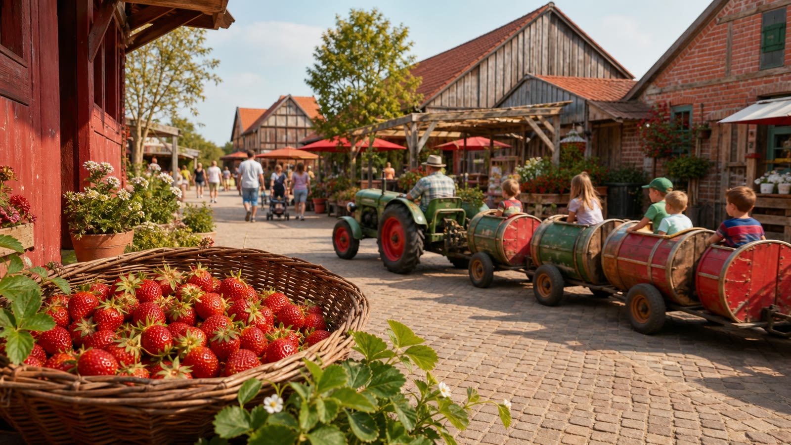KI-generiertes Stimmungsbild eines familienfreundlichen Erlebnis-Dorfs mit Hofgebäuden, Erdbeeren und Traktorfahrt