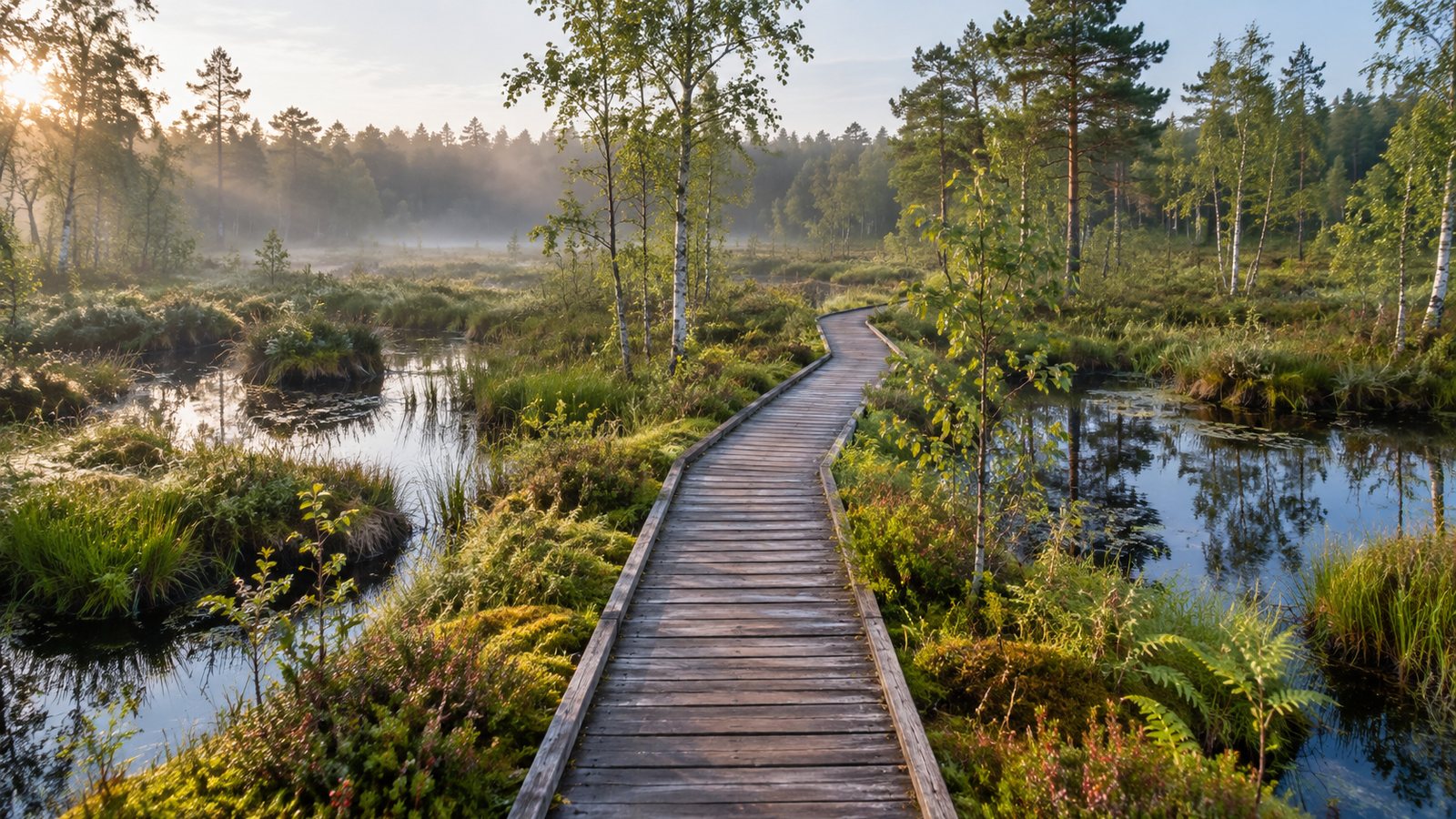 KI-generiertes Stimmungsbild einer Moorlandschaft mit Bohlenweg, Moorwald und offenen Wasserflächen