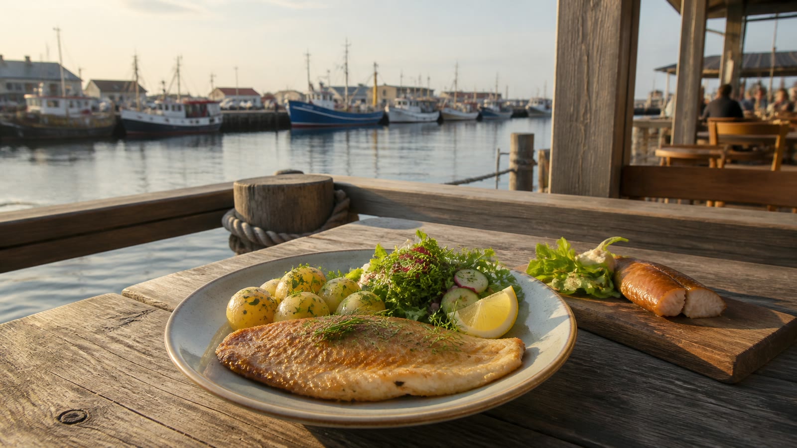 KI-generiertes Stimmungsbild eines regionalen Fischgerichts auf einer Terrasse am Hafen