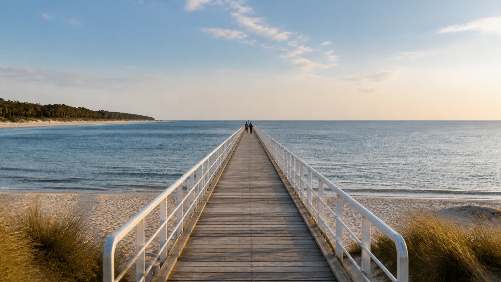 KI-generiertes Stimmungsbild der langen Seebrücke von Graal-Müritz über der ruhigen Ostsee