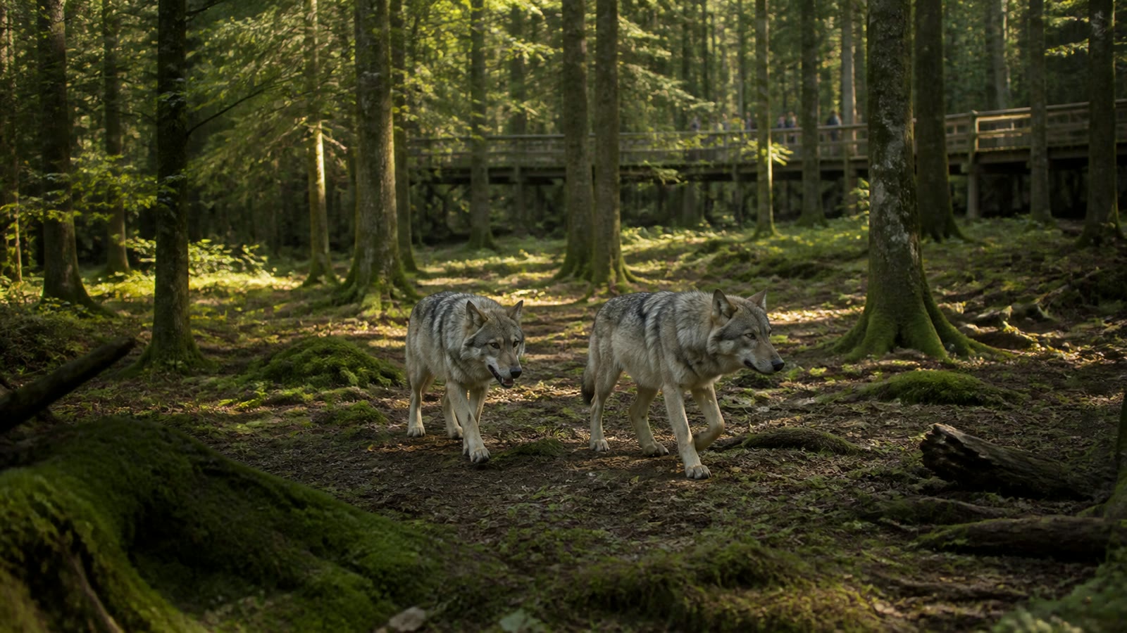 KI-generiertes Stimmungsbild zweier Wölfe in einem naturnahen Waldgehege