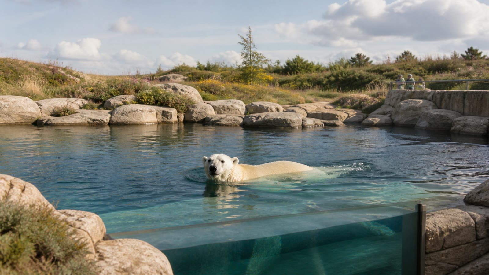 KI-generiertes Stimmungsbild eines schwimmenden Eisbären in einer naturnahen Polarium-Anlage
